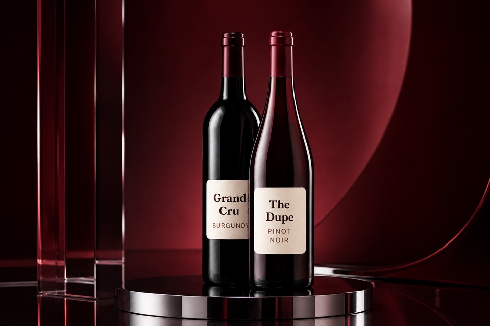 A Grand Cru Burgundy next to its dupe, a Pinot Noir
